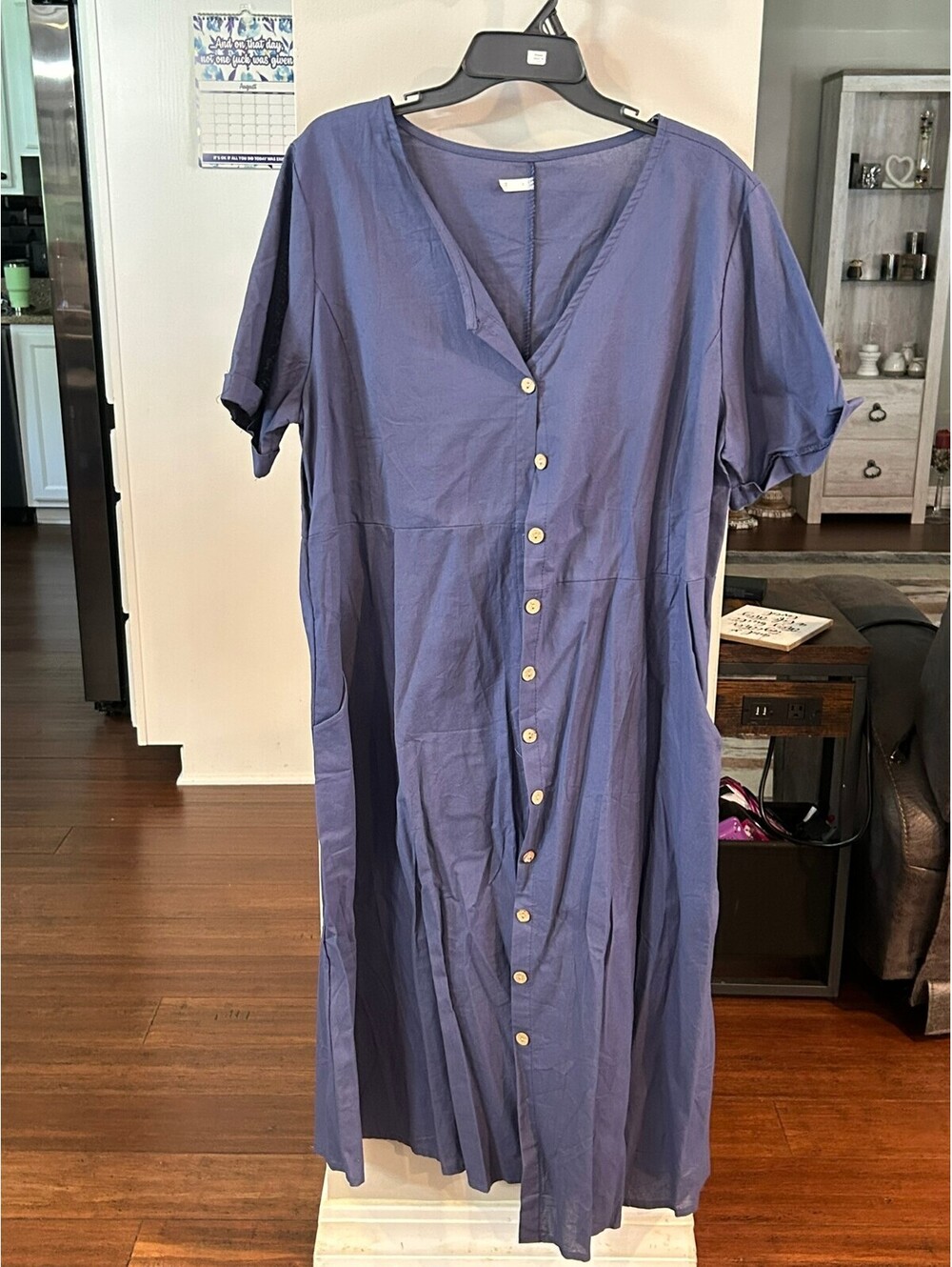 Blue Button Front Midi Dress